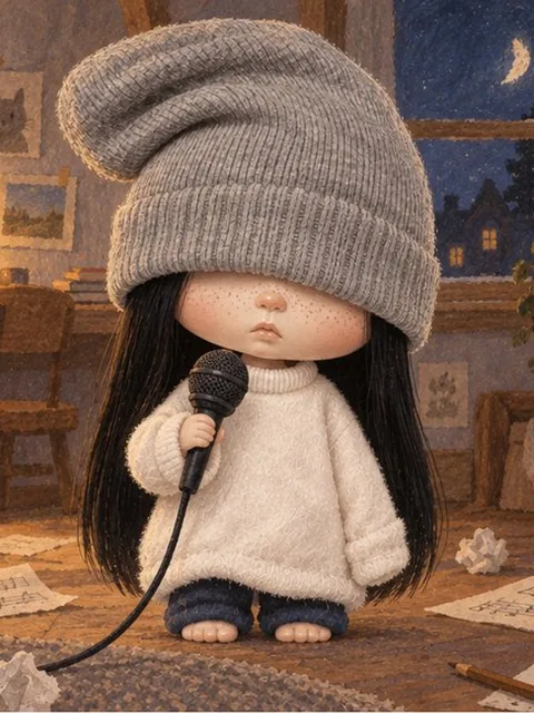 Nono singing into a microphone in an attic bedroom, hat pulled low